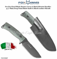 Fox Knives FX0131MGT Pro Hunter Fixed 4.3" Plain Blade Green and Black Micarta Handled Knife &  Black Leather Sheath