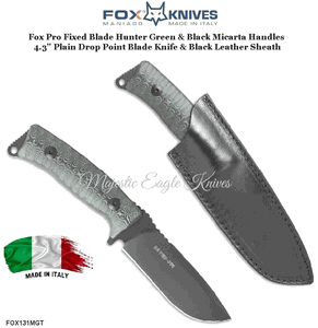 Fox Knives FX0131MGT Pro Hunter Fixed 4.3" Plain Blade Green and Black Micarta Handled Knife &  Black Leather Sheath
