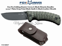 Fox Knives FX130MGT Fox Pro Hunter Folding Knife 3.75" Plain Blade Green and Black Micarta Handles Black Leather Sheath