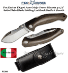 Fox Knives FX306 Anso Mojo Green Micarta 3-1/2" Satin Plain Blade Folding Lockback Knife & Sheath