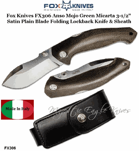 Fox Knives FX306 Anso Mojo Green Micarta 3-1/2" Satin Plain Blade Folding Lockback Knife & Sheath