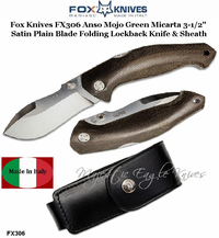 Fox Knives FX306 Anso Mojo Green Micarta 3-1/2" Satin Plain Blade Folding Lockback Knife & Sheath