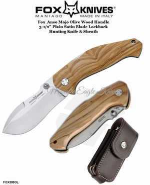 Fox Knives FX306OL Anso Mojo Olive Wood Handle 3-1/2" Plain Satin Blade Lockback Knife & Sheath
