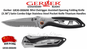Gerber Knives GR-30-000690 Outrigger Assisted Opening Titanium Handles 3.38" Satin Combo Blade Stainless Steel Pocket Knife 