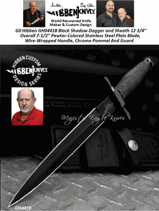 Gil Hibben GH0441B Black Shadow Dagger and Sheath 12 3/4� Overall 7-1/2� Pewter-Colored Stainless Steel Plain Blade, Wire-Wrapped Handle, Chrome Pommel And Guard 