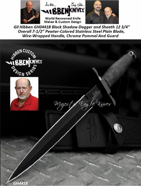 Gil Hibben GH0441B Black Shadow Dagger and Sheath 12 3/4� Overall 7-1/2� Pewter-Colored Stainless Steel Plain Blade, Wire-Wrapped Handle, Chrome Pommel And Guard 