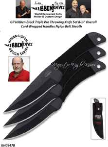 Gil Hibben GH0947B Black Triple Pro Throwing Knife Set 8-�" Overall Cord Wrapped Handles Nylon Belt Sheath