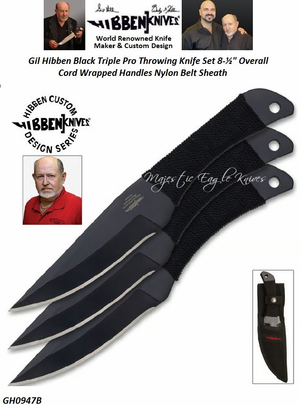 Gil Hibben GH0947B Black Triple Pro Throwing Knife Set 8-�" Overall Cord Wrapped Handles Nylon Belt Sheath