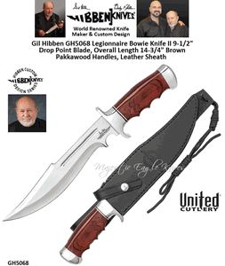 Gil Hibben GH5068 Legionnaire Bowie Knife II 9-1/2" Blade Drop Point Blade, Brown Pakkawood Handles, Leather Sheath 