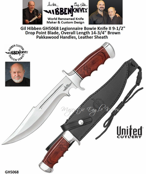 Gil Hibben GH5068 Legionnaire Bowie Knife II 9-1/2" Blade Drop Point Blade, Brown Pakkawood Handles, Leather Sheath 