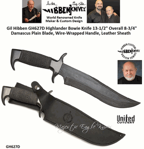 United Cutlery Presents Gil Hibben GH627D Highlander Bowie Knife 13-1/2" Overall 8-3/4" Damascus Plain Blade, Wire-Wrapped Handle, Leather Sheath 