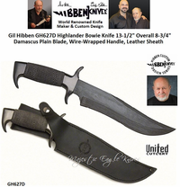 United Cutlery Presents Gil Hibben GH627D Highlander Bowie Knife 13-1/2" Overall 8-3/4" Damascus Plain Blade, Wire-Wrapped Handle, Leather Sheath United Cutlery Presents Gil Hibben GH627D Highlander Bowie Knife 13-1/2" Overall 8-3/4" Damascus Plain Blade, Wire-Wrapped Handle, Leather Sheath