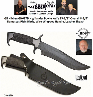 United Cutlery Presents Gil Hibben GH627D Highlander Bowie Knife 13-1/2" Overall 8-3/4" Damascus Plain Blade, Wire-Wrapped Handle, Leather Sheath United Cutlery Presents Gil Hibben GH627D Highlander Bowie Knife 13-1/2" Overall 8-3/4" Damascus Plain Blade, Wire-Wrapped Handle, Leather Sheath