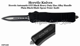 Heretic Knives HSPK440 OTF Knife Spear Point Black Plain Cutting Edge & Sheath Heretic Knives HSPK440 OTF Knife Spear Point Black Plain Cutting Edge & Sheath