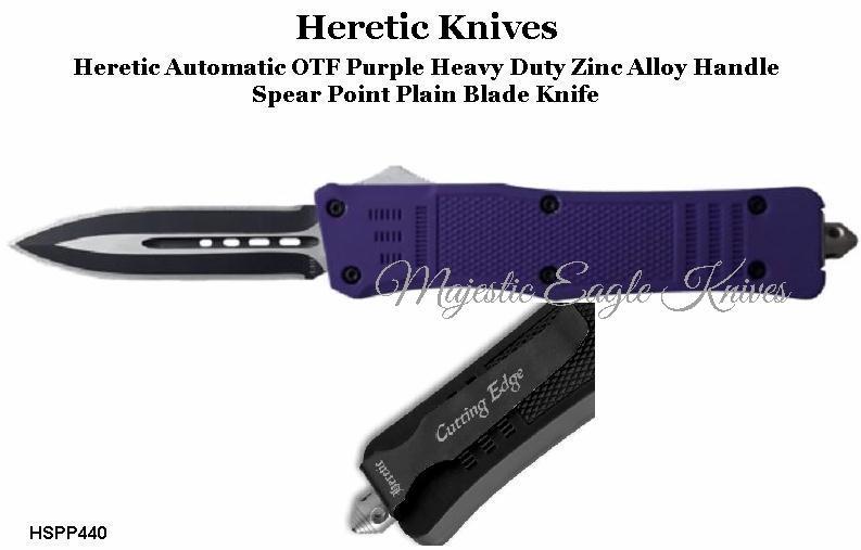 Heretic Knives HSPP440 OTF Knife Spear Point Purple Plain Cutting Edge