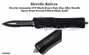 Heretic Knives HSSK440 OTF Knife Spear Point Black Blade, Serrated Cutting Edge & Sheath