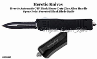 Heretic Knives HSSK440 OTF Knife Spear Point Black Blade, Serrated Cutting Edge & Sheath