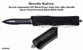Heretic Knives HSSK440 OTF Knife Spear Point Black Blade, Serrated Cutting Edge & Sheath