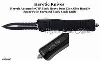 Heretic Knives HSSK440 OTF Knife Spear Point Black Blade, Serrated Cutting Edge & Sheath