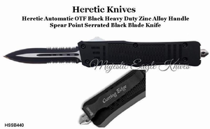 Heretic Knives HSSK440 OTF Knife Spear Point Black Blade, Serrated Cutting Edge & Sheath