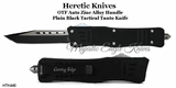 Heretic Knives HTPK440 OTF Knife Tanto Point Black Plain Cutting Edge & Sheath