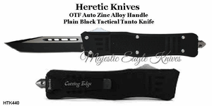 Heretic Knives HTPK440 OTF Knife Tanto Point Black Plain Cutting Edge & Sheath