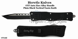 Heretic Knives HTPK440 OTF Knife Tanto Point Black Plain Cutting Edge & Sheath