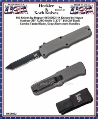 HK Knives by Hogue HK54002 HK Knives by Hogue Hadron OTF AUTO Knife 3.375" 154CM Black Combo Tanto Blade, Gray Aluminum Handles HK Knives by Hogue HK54002 HK Knives by Hogue Hadron OTF AUTO Knife 3.375" 154CM Black Combo Tanto Blade, Gray Aluminum Handles