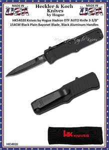 HK Knives by Hogue HK54020 Hadron OTF AUTO Knife 3.375" 154CM Black Plain Bayonet Blade, Black Aluminum Handles 