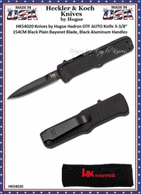 HK Knives by Hogue HK54020 Hadron OTF AUTO Knife 3.375" 154CM Black Plain Bayonet Blade, Black Aluminum Handles HK Knives by Hogue HK54020 Hadron OTF AUTO Knife 3.375" 154CM Black Plain Bayonet Blade, Black Aluminum Handles