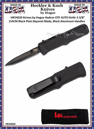 HK Knives by Hogue HK54020 Hadron OTF AUTO Knife 3.375" 154CM Black Plain Bayonet Blade, Black Aluminum Handles HK Knives by Hogue HK54020 Hadron OTF AUTO Knife 3.375" 154CM Black Plain Bayonet Blade, Black Aluminum Handles