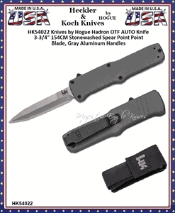 HK Knives by Hogue HK54022 HK Hadron OTF AUTO Knife 3.375" 154CM Stonewashed Spear Point Point Blade, Gray Aluminum Handles 