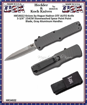 HK Knives by Hogue HK54022 HK Hadron OTF AUTO Knife 3.375" 154CM Stonewashed Spear Point Point Blade, Gray Aluminum Handles HK Knives by Hogue HK54022 HK Hadron OTF AUTO Knife 3.375" 154CM Stonewashed Spear Point Point Blade, Gray Aluminum Handles