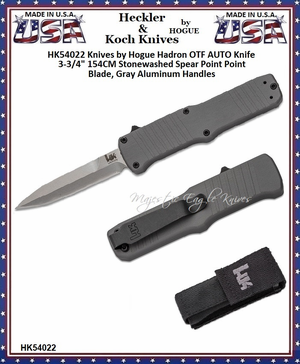 HK Knives by Hogue HK54022 HK Hadron OTF AUTO Knife 3.375" 154CM Stonewashed Spear Point Point Blade, Gray Aluminum Handles HK Knives by Hogue HK54022 HK Hadron OTF AUTO Knife 3.375" 154CM Stonewashed Spear Point Point Blade, Gray Aluminum Handles