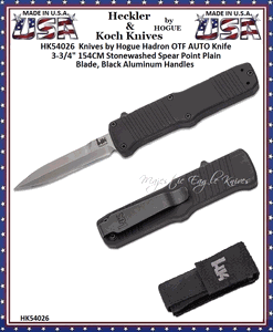 HK Knives by Hogue HK54026 HK Hadron OTF AUTO Knife 3.375" 154CM Stonewashed Spear Point Point Blade, Black Aluminum Handles
