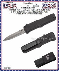 HK Knives by Hogue HK54026 HK Hadron OTF AUTO Knife 3.375" 154CM Stonewashed Spear Point Point Blade, Black Aluminum Handles HK Knives by Hogue HK54026 HK Hadron OTF AUTO Knife 3.375" 154CM Stonewashed Spear Point Point Blade, Black Aluminum Handles