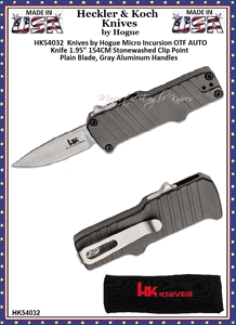 HK Knives by Hogue HK54032 Micro Incursion OTF AUTO Knife 1.95" 154CM Stonewashed Clip Point Plain Blade, Gray Aluminum Handles 