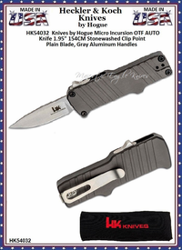 HK Knives by Hogue HK54032 Micro Incursion OTF AUTO Knife 1.95" 154CM Stonewashed Clip Point Plain Blade, Gray Aluminum Handles HK Knives by Hogue HK54032 Micro Incursion OTF AUTO Knife 1.95" 154CM Stonewashed Clip Point Plain Blade, Gray Aluminum Handles