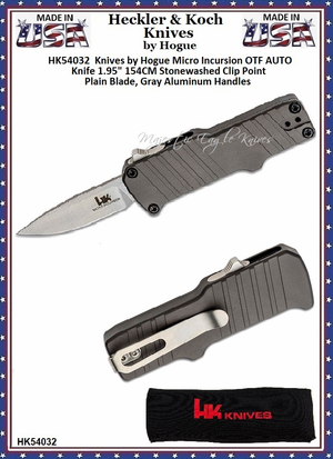 HK Knives by Hogue HK54032 Micro Incursion OTF AUTO Knife 1.95" 154CM Stonewashed Clip Point Plain Blade, Gray Aluminum Handles 