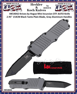 HK Knives by Hogue HK54042 Hogue Mini Incursion OTF Automatic 3" Black Plain Tanto Blade Gray Aluminum Handled Knife & Pouch