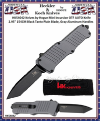 HK Knives by Hogue HK54042 Hogue Mini Incursion OTF Automatic 3" Black Plain Tanto Blade Gray Aluminum Handled Knife & Pouch HK Knives by Hogue HK54042 Hogue Mini Incursion OTF Automatic 3" Black Plain Tanto Blade Gray Aluminum Handled Knife & Pouch