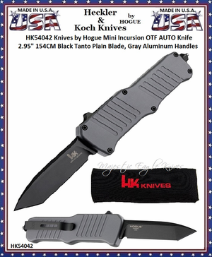 HK Knives by Hogue HK54042 Hogue Mini Incursion OTF Automatic 3" Black Plain Tanto Blade Gray Aluminum Handled Knife & Pouch HK Knives by Hogue HK54042 Hogue Mini Incursion OTF Automatic 3" Black Plain Tanto Blade Gray Aluminum Handled Knife & Pouch
