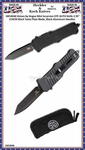 HK Knives by Hogue HK54046 Hogue Mini Incursion OTF Automatic Knife 3" 154CM Black Tanto Plain Blade, Black Aluminum Handled Knife & Pouch HK Knives by Hogue HK54046 Hogue Mini Incursion OTF Automatic Knife 3" 154CM Black Tanto Plain Blade, Black Aluminum Handled Knife & Pouch