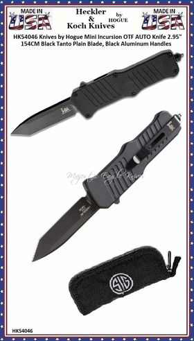 HK Knives by Hogue HK54046 Hogue Mini Incursion OTF Automatic Knife 3" 154CM Black Tanto Plain Blade, Black Aluminum Handled Knife & Pouch HK Knives by Hogue HK54046 Hogue Mini Incursion OTF Automatic Knife 3" 154CM Black Tanto Plain Blade, Black Aluminum Handled Knife & Pouch