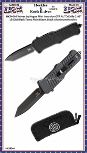 HK Knives by Hogue HK54046 Hogue Mini Incursion OTF Automatic Knife 3" 154CM Black Tanto Plain Blade, Black Aluminum Handled Knife & Pouch HK Knives by Hogue HK54046 Hogue Mini Incursion OTF Automatic Knife 3" 154CM Black Tanto Plain Blade, Black Aluminum Handled Knife & Pouch
