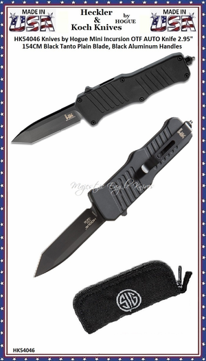 HK Knives by Hogue HK54046 Hogue Mini Incursion OTF Automatic Knife 3" 154CM Black Tanto Plain Blade, Black Aluminum Handled Knife & Pouch HK Knives by Hogue HK54046 Hogue Mini Incursion OTF Automatic Knife 3" 154CM Black Tanto Plain Blade, Black Aluminum Handled Knife & Pouch