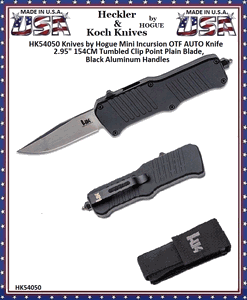 HK Knives by Hogue HK54050 Hogue Mini Incursion OTF Automatic 3" Plain Stonewashed Clip Point Blade Black Aluminum Handled Knife & Pouch