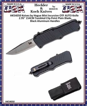 HK Knives by Hogue HK54050 Hogue Mini Incursion OTF Automatic 3" Plain Stonewashed Clip Point Blade Black Aluminum Handled Knife & Pouch