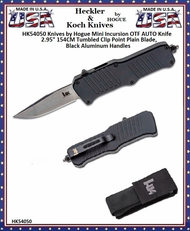 HK Knives by Hogue HK54050 Hogue Mini Incursion OTF Automatic 3" Plain Stonewashed Clip Point Blade Black Aluminum Handled Knife & Pouch HK Knives by Hogue HK54050 Hogue Mini Incursion OTF Automatic 3" Plain Stonewashed Clip Point Blade Black Aluminum Handled Knife & Pouch