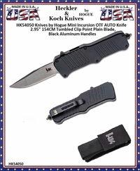 HK Knives by Hogue HK54050 Hogue Mini Incursion OTF Automatic 3" Plain Stonewashed Clip Point Blade Black Aluminum Handled Knife & Pouch HK Knives by Hogue HK54050 Hogue Mini Incursion OTF Automatic 3" Plain Stonewashed Clip Point Blade Black Aluminum Handled Knife & Pouch